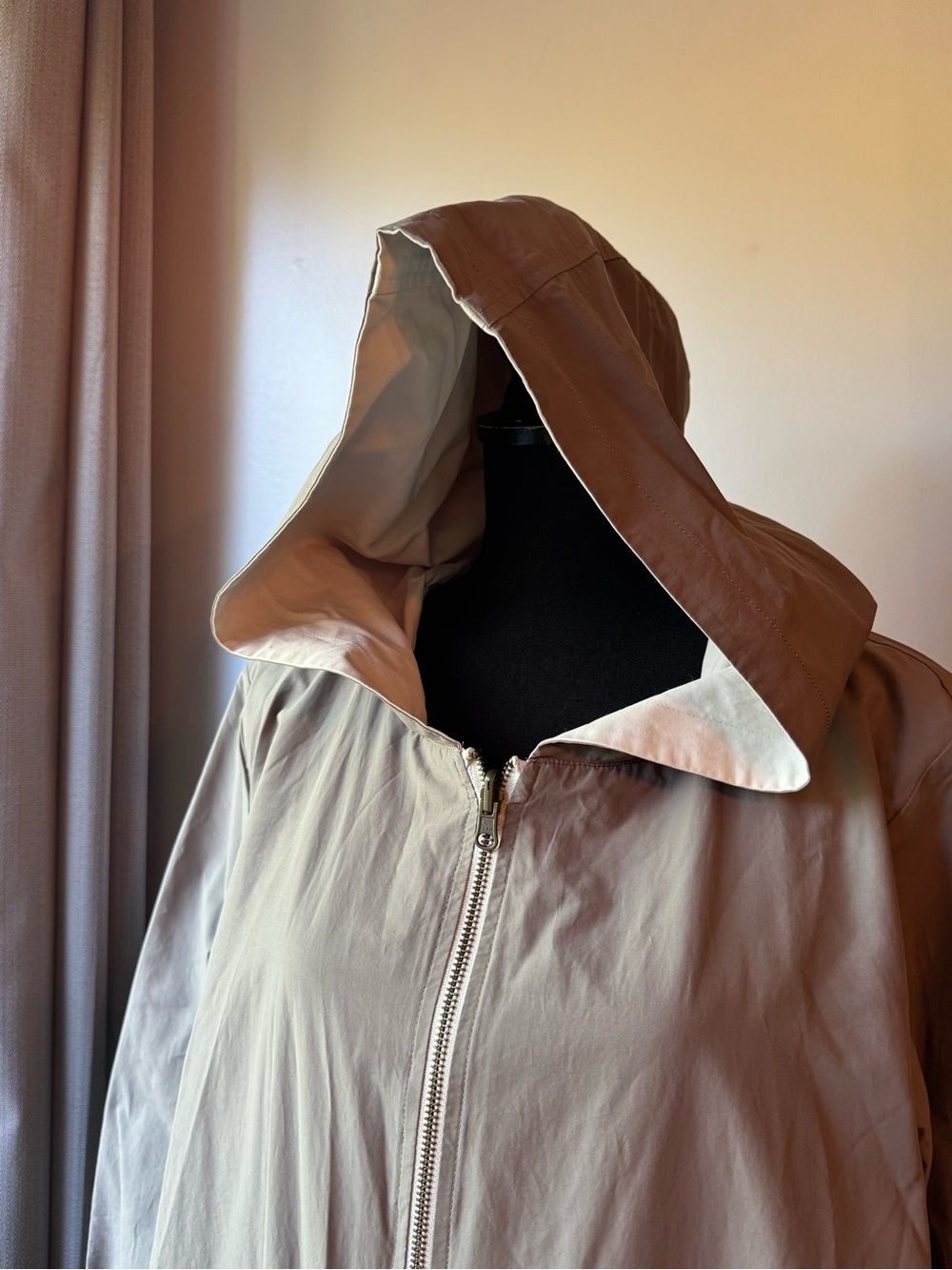 Eileen Fisher cream & gray reversible Hooded Trench Coat - Picture 8 of 10